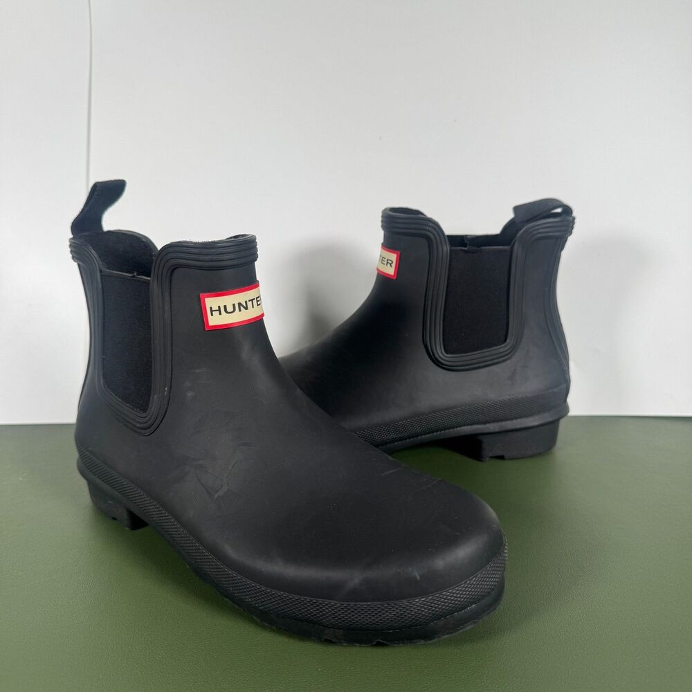 Hunter Black Ankle Rain Boots Rubber Waterproof Pull On Logo Women's Size 8